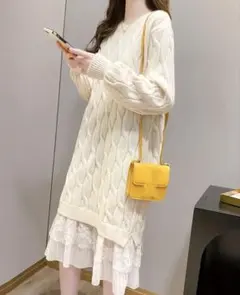 アイボリー ケーブルニット ワンピース