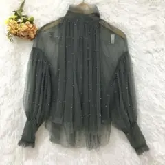 ★ヴィンテージ★パフスリーブ チュール トップス 【M】 パール付 ハイネック