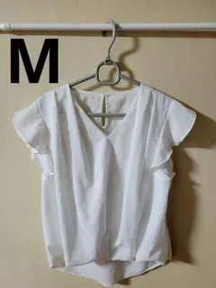 ホワイト フリル袖 シャツ 半袖 ブラウス M 白 シンプル レディース 夏