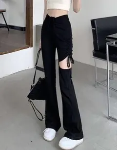 SHEIN ドローストリング カットアウト フレアパンツ ブラックのサムネイル
