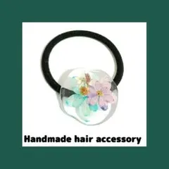 本物のお花が入ったヘアゴム、ノースポール、ヒメウツギ、ミモザ
