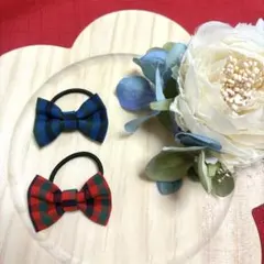 familiar風赤青チェック柄 ミニヘアゴム　２個組 ベビー　キッズ