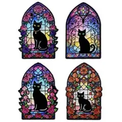 ブローチ ピンバッジ ステンドグラス風 猫 黒猫 4個セット