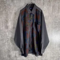【一点物】デザインシャツ 総柄 切替 アート柄 ビッグシルエット 雰囲気抜群　L
