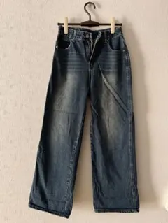 ダメージ加工 ダークブルー ワイドレッグデニムパンツ Mサイズ