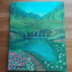 夢見多恵画　新作　原画　風景画　 滝　F3(22×27.3×1)　アクリル画