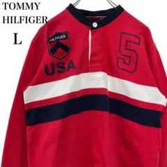 トミーヒルフィガー ボーダー 長袖 ラガーシャツ 赤色 メンズL 刺繍ロゴ