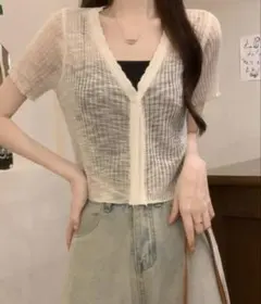 shein 半袖 シアー カーディガン アプリコット ショート丈のサムネイル