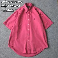 USA製 90s ラルフローレン 半袖 シャツ 刺繍 赤 ボタンダウン 古着 M