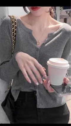 韓国ファッション カーディガン リブニットトップス　グレー