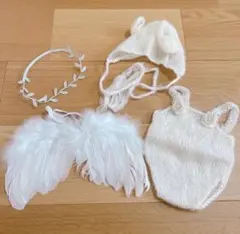 4点セット✨白 くま耳帽子とクマオーバーオール　ニューボーンフォト 撮影衣装