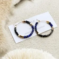 14kgf *美しい輝きのラピスラズリ×ブラックスピネルバイカラーフープピアス