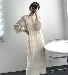 Colorfaith アイボリー シワ加工 ロングワンピース フレア袖