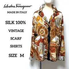 【美品】サルバトーレ・フェラガモ スカーフ 生地 オープンカラー 長袖 シャツ