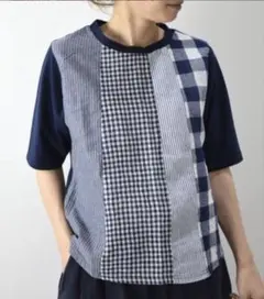 匿名配送☆ クリップタブ　パッチワーク 半袖Tシャツ ネイビーのサムネイル