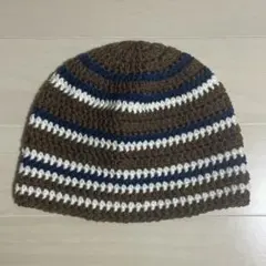 ビーニー クラッシャーハット ニット帽 男女兼用 ブラウン×ブルー×アイボリー