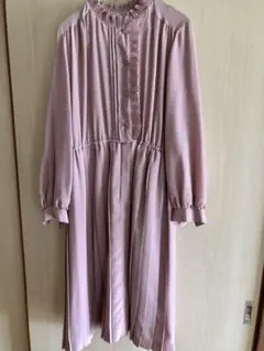 春物レトロワンピース　ピンク　ストライプ柄　長袖　古着　昭和レトロ　Lサイズ