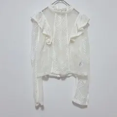 H&M レースブラウス フリル 白 シアーシャツ ハイネック 総レース 訳あり