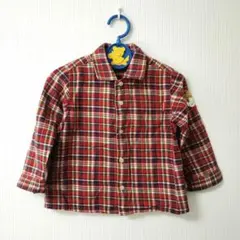 ミキハウス 赤 90 チェック柄 長袖シャツ クマ刺繍 レトロ 古着