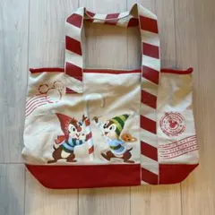 ディズニー　チップ＆デールクリスマストートバッグ アイボリー×赤