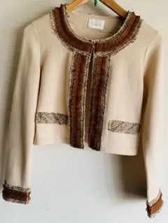 ハロッズ　ボレロ　ベージュ　オーガンジーフリル　ツイード　トリミング