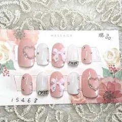 【現品】量産型 ピンク リボン ハート ネイルチップ ショートオーバル 韓国