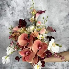 【春婚】胡蝶蘭ブーケ＆ブートニア2点セット☆オレンジピンク♪前撮り・結婚式