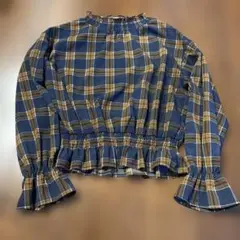 しまむら ネイビー チェック柄 フリルブラウス M