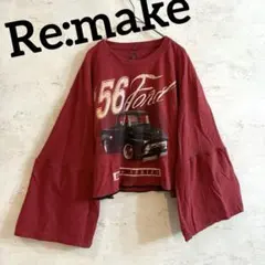 古着リメイク 赤 フレア袖 車 長袖 プリントTシャツ グランジ