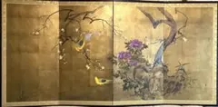 四つ折り屏風 日本画 金箔彩色 白梅に金鶏鳥 - メルカリ