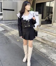 NICE CLAUP フリル襟 ショート丈 ジャケット風トップス ブラック