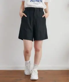新品⭐︎ems excite●リネン混バミューダパンツ●黒●ショートパンツ●ゴム