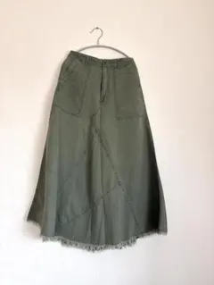 カーキ デニム風ロングスカート カーゴスカート マキシ丈フレアスカート
