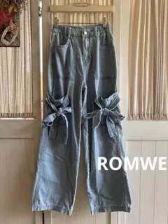 ROMWEロムウェ リボン結びフレアカーゴデニムパンツXS ライトブルー