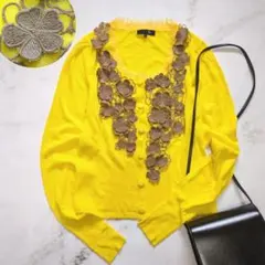 花刺繍 カーディガン 立体刺繍 フリル Uネック イエロー 黄色 差し色 L