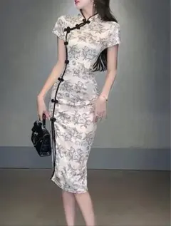 花柄チャイナドレス風ワンピース ロングスリット