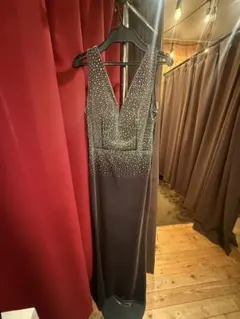 グレー Vネック ロングドレス ビジュー装飾