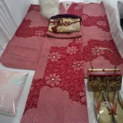 総絞り赤正絹振袖フルセット等 袋帯 帯締め 帯揚げ 半襟 重ね襟 成人式卒業式に