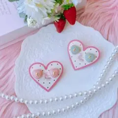 ハンドメイド♡クマ ハート パールピアス♡ブルー