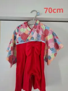 赤と多色花柄の着物ロンパース