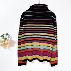 3【美品】長袖 ニット カットソー タートルネック カラフル ボーダー