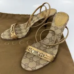 GUCCI グッチ ヒール サンダル GGキャンバス ゴールドチェーン金具 6C