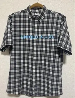 UNIQLO グレー、白、水色のチェック柄 半袖シャツ　メンズLサイズ