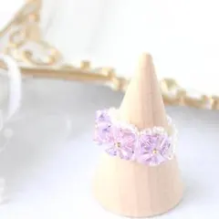 ハンドメイド　ビーズリング　紫　花　華奢　シンプル【即購入OK】