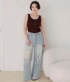 レース付きダメージワイドパンツ　デニムのサムネイル