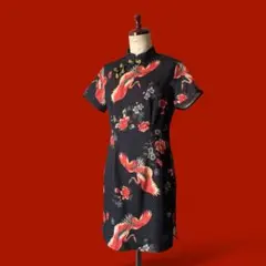 ◎和柄チャイナドレス 半袖ワンピース ストレッチ素材 黒赤金鶴花vintage