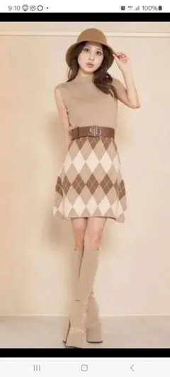 ダーリッチ Darich アーガイルチェックニット ワンピース（モカ）