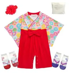 ギフトバッグ付き 巫女服風デザイン ベビー用ロンパース 靴下2足 ヘアバンド付き