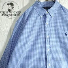 人気 ラルフローレン 長袖シャツ 2XL ブルー チェック ボタンダウン 古着