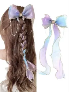 グラデーションカラーが可愛いリボン型ヘアアクセサリー　オーガンジー素材